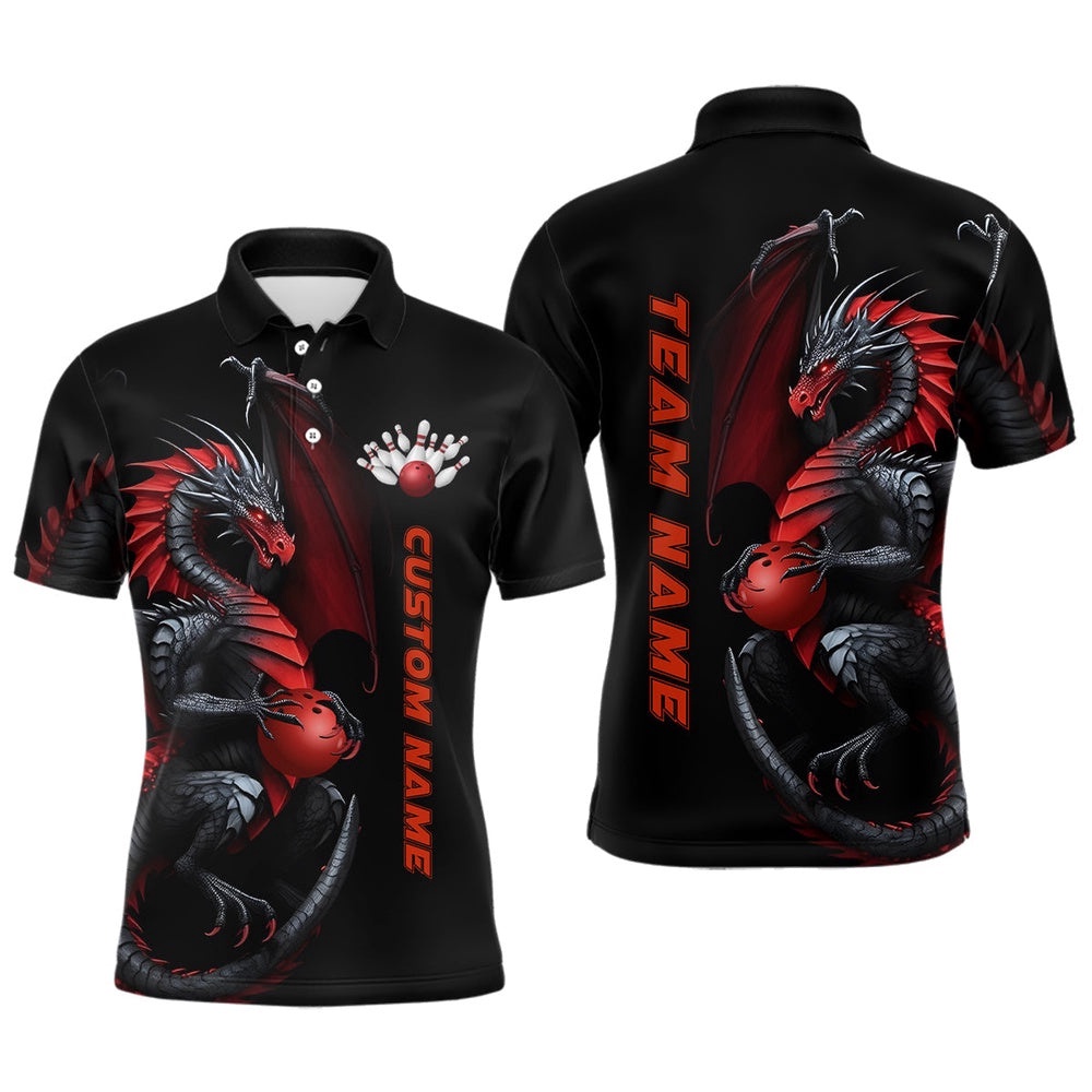 Customized Dragon Bowling Polo Shirts Men Team Bowling Polo Shirt Bowler Outfit Bowling Apparel, Personalized Bowling Team Shirt