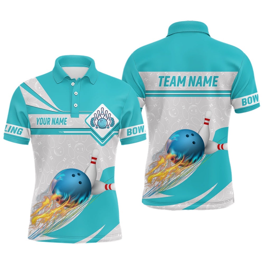 Cyan Blue Bowling Polo Shirts For Men Custom Camo Flame Bowling Ball Pins Team League Polo Shirt, Personalized Bowling Team Shirt