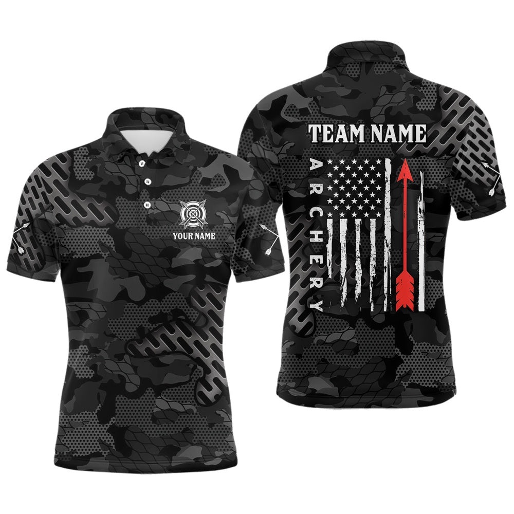 Dark Camo US Flag Archery Polo Shirts For Men, Custom Red Arrow Archery Team Shirts, Custom Archery Team Polo Shirt