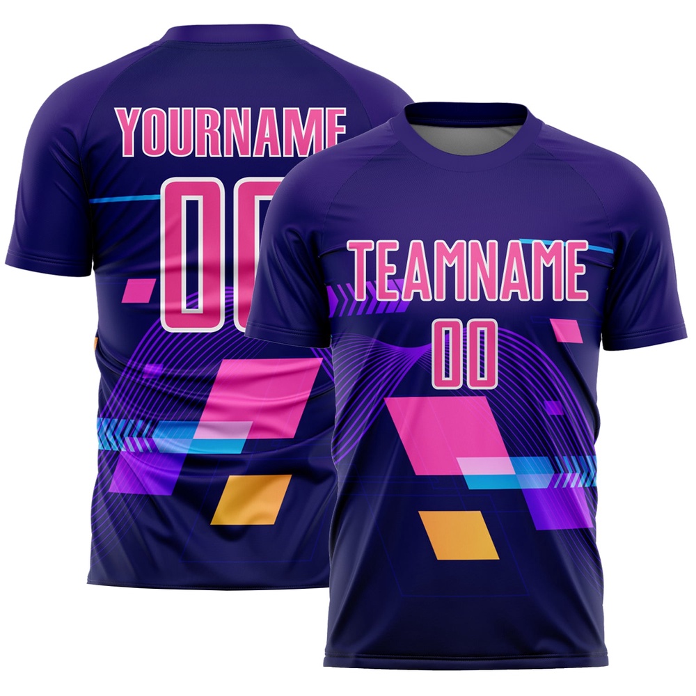 Dark Purple Pink White Geometric Shapes Sublimation Soccer Uniform Jersey, Custom Team Soccer Jersey Shirt Dark Purple Pink White Geometric Shapes Sublimation Soccer Uniform Jersey, Custom Team Soccer Jersey Shirt