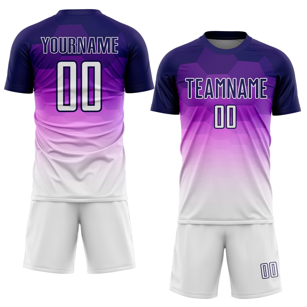 Dark Purple White Gradient Hexagons Pattern Sublimation Soccer Uniform Jersey, Custom Team Soccer Jersey Shirt