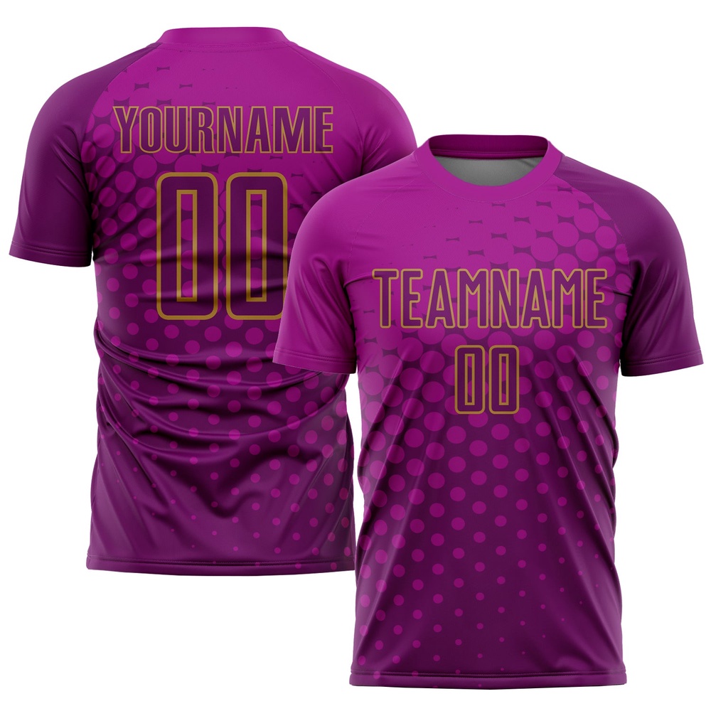 Deep Pink Purple Old Gold Sublimation Soccer Uniform Jersey, Custom Team Soccer Jersey Shirt