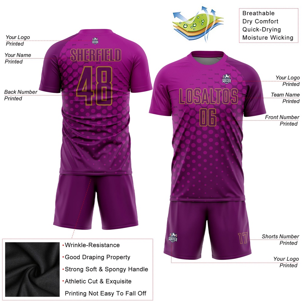 Deep Pink Purple Old Gold Sublimation Soccer Uniform Jersey, Custom Team Soccer Jersey Shirt
