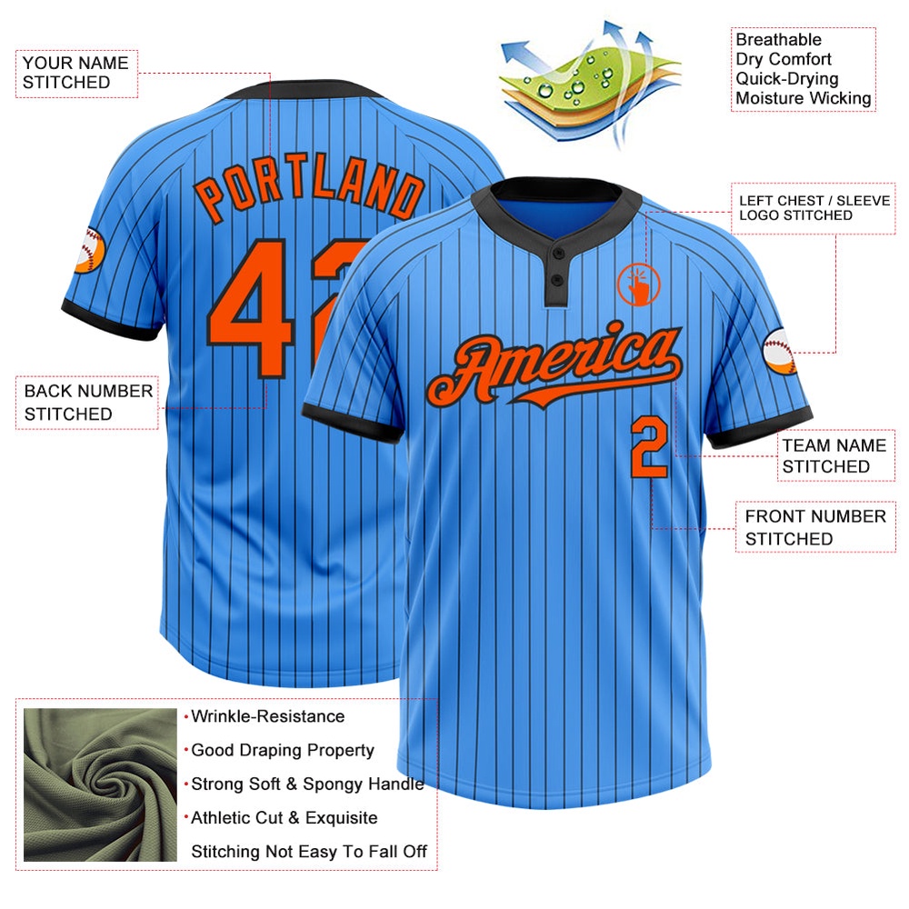 Electric Blue Black Pinstripe Orange Two Button Unisex Softball Jersey, Custom Team Softball Jersey
