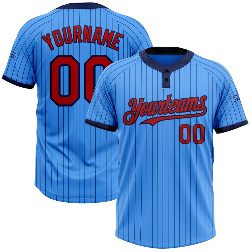 Electric Blue Navy Pinstripe Red Two Button Unisex Softball Jersey, Custom Team Softball Jersey