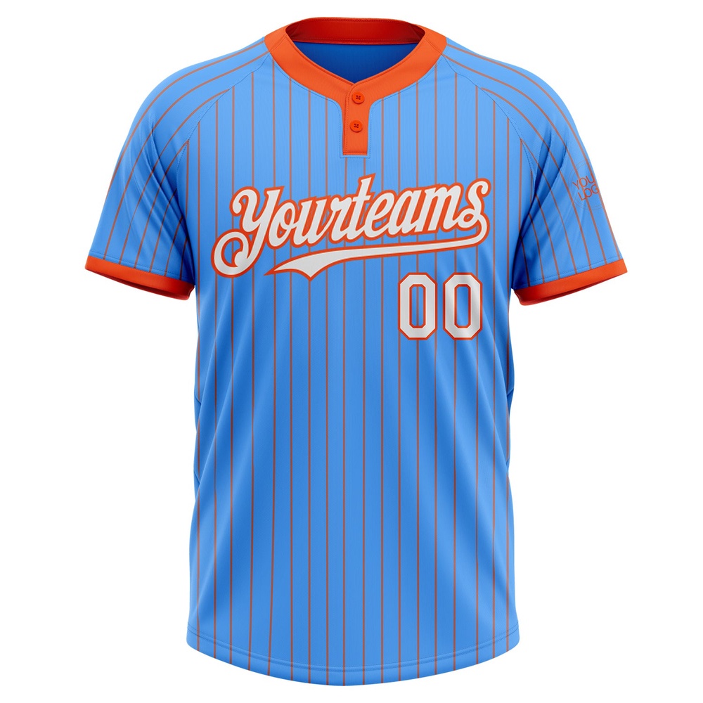 Electric Blue Orange Pinstripe White Two Button Unisex Softball Jersey, Custom Team Softball Jersey