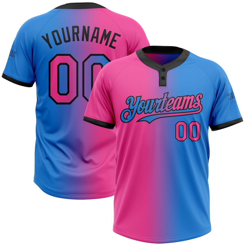 Electric Blue Pink Black Gradient Fashion Two Button Unisex Softball Jersey, Custom Team Softball Jersey Electric Blue Pink Black Gradient Fashion Two Button Unisex Softball Jersey, Custom Team Softball Jersey