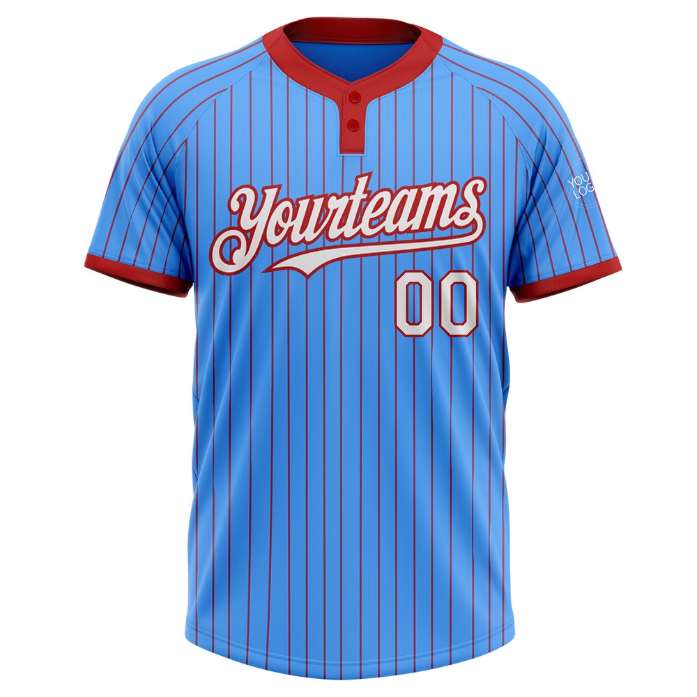 Electric Blue Red Pinstripe White Two Button Unisex Softball Jersey, Custom Team Softball Jersey