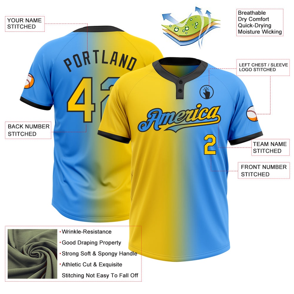Electric Blue Yellow Black Gradient Fashion Two Button Unisex Softball Jersey, Custom Team Softball Jersey