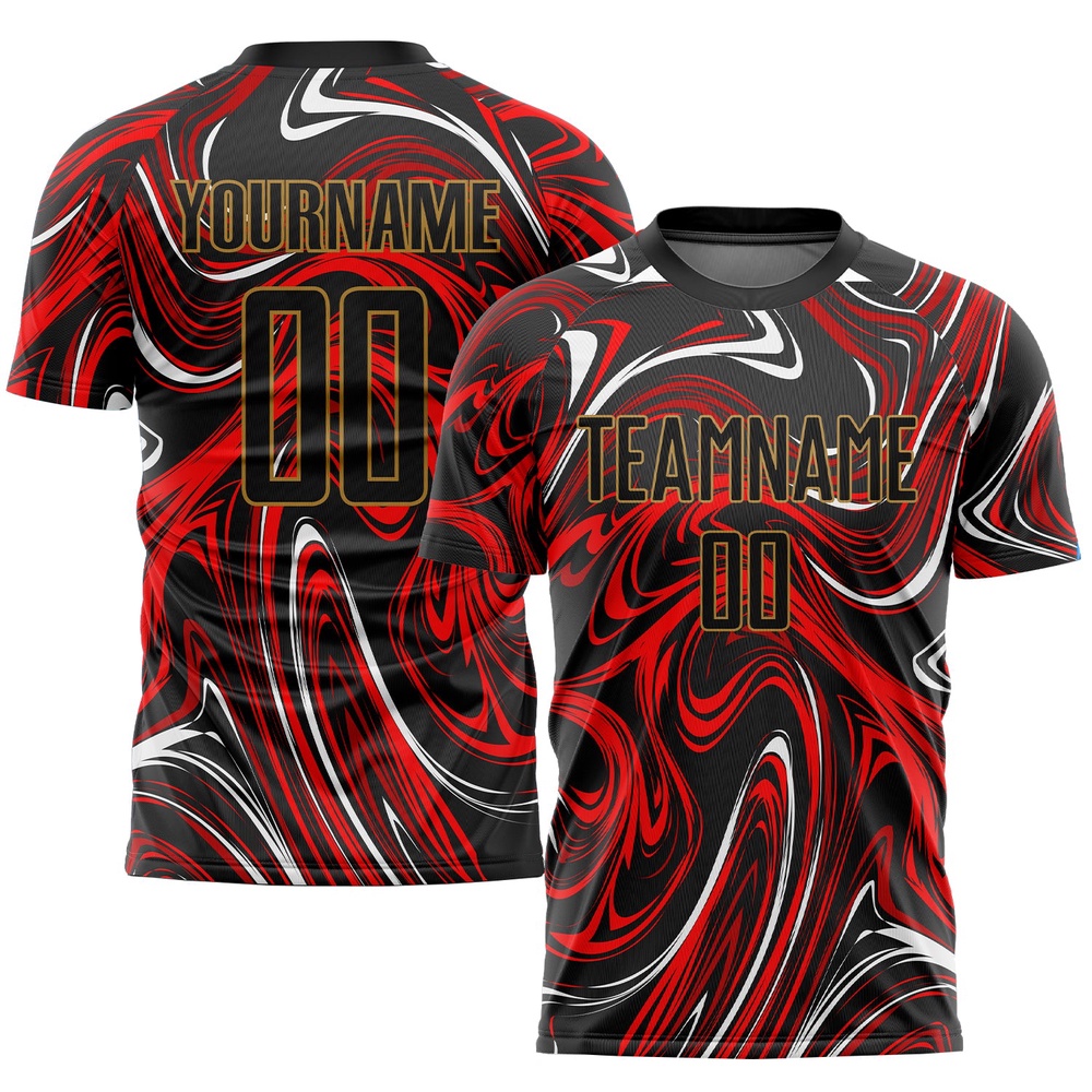 Figure Black Old Gold Sublimation Soccer Uniform Jersey, Custom Team Soccer Jersey Shirt