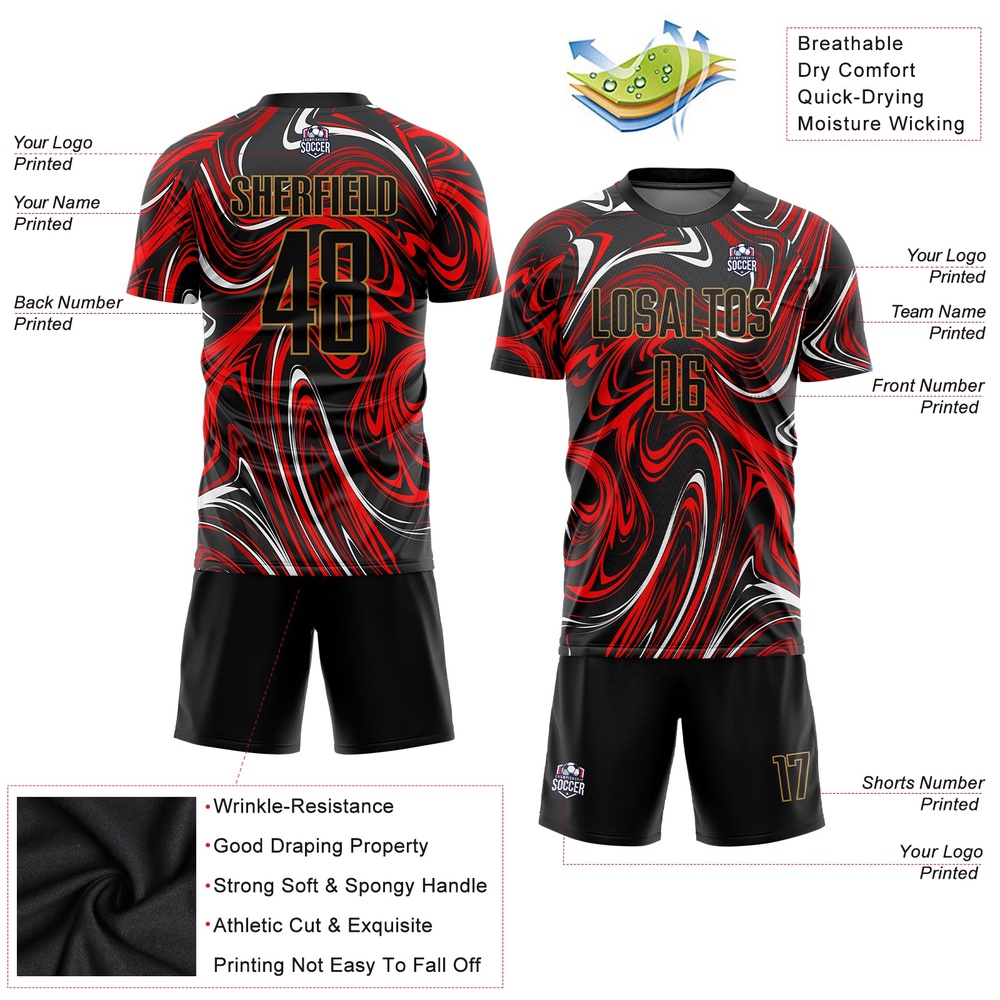 Figure Black Old Gold Sublimation Soccer Uniform Jersey, Custom Team Soccer Jersey Shirt