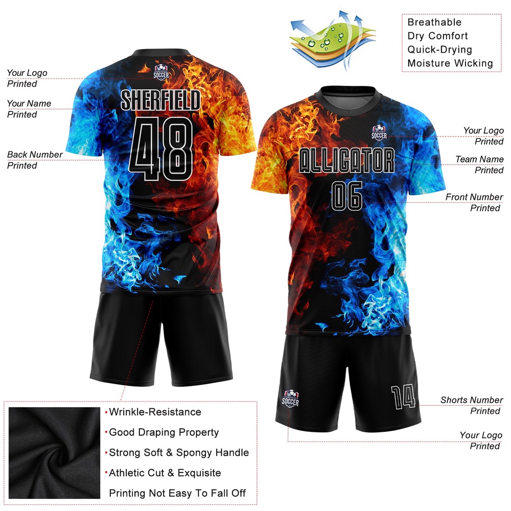 Figure Black White Flame Sublimation Soccer Uniform Jersey, Custom Team Soccer Jersey Shirt