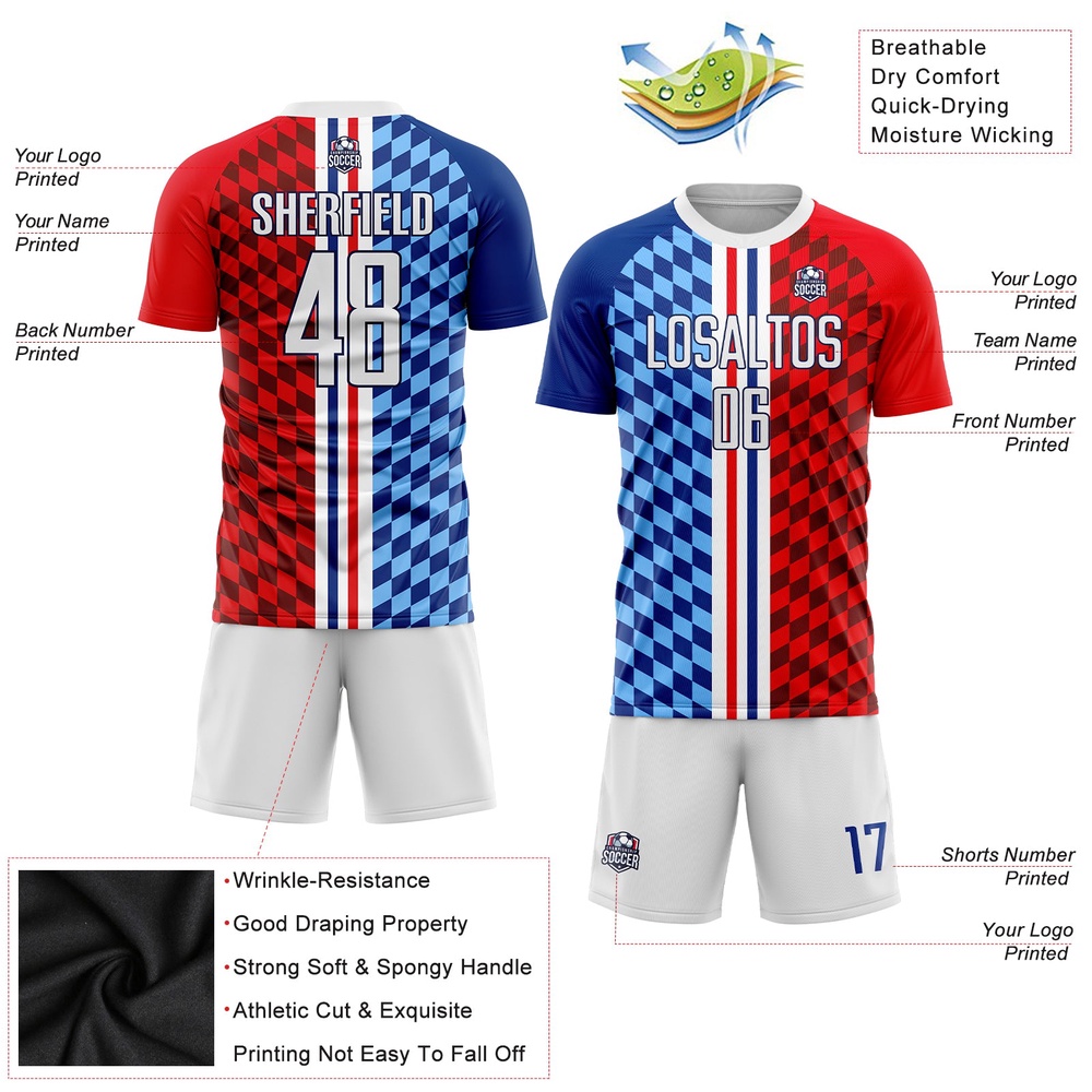 Figure White Royal Sublimation Soccer Uniform Jersey, Custom Team Soccer Jersey Shirt