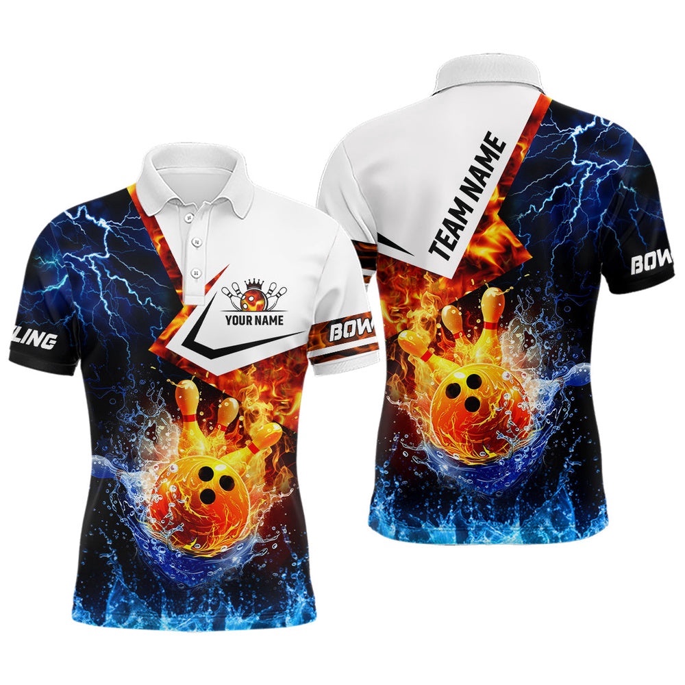 Fire And Water Bowling Ball Pins Bowling Shirts For Men Custom Lightning Team Bowling Polo Shirt, Personalized Bowling Team Shirt