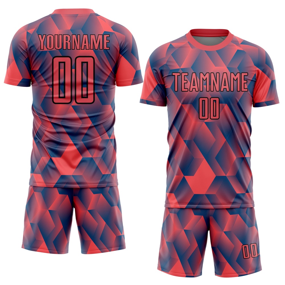 Fire Red Black Geometric Shapes Sublimation Soccer Uniform Jersey, Custom Team Soccer Jersey Shirt
