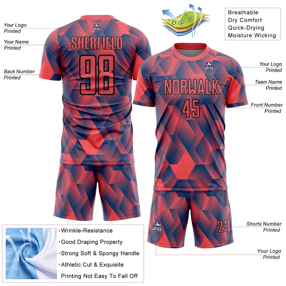 Fire Red Black Geometric Shapes Sublimation Soccer Uniform Jersey, Custom Team Soccer Jersey Shirt