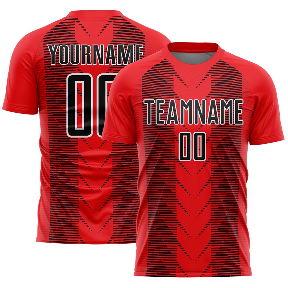 Fire Red Black White Lines Sublimation Soccer Uniform Jersey, Custom Team Soccer Jersey Shirt