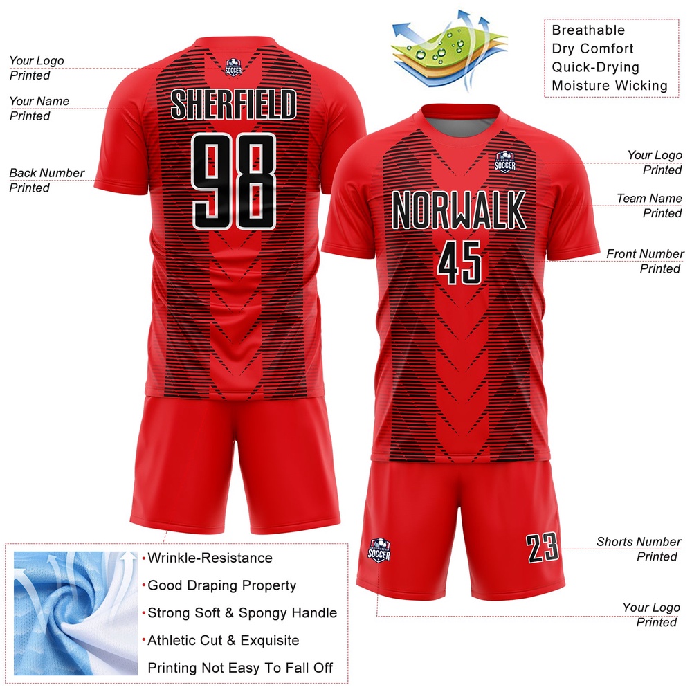 Fire Red Black White Lines Sublimation Soccer Uniform Jersey, Custom Team Soccer Jersey Shirt