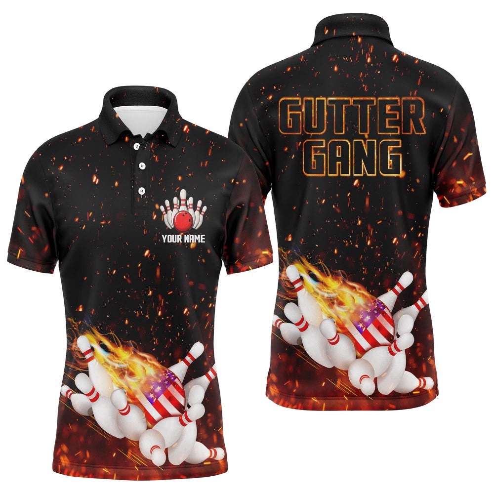 Flame American Flag Bowling Polo Shirt For Men Custom Gutter Gang Team Bowling Shirts, Personalized Bowling Team Shirt