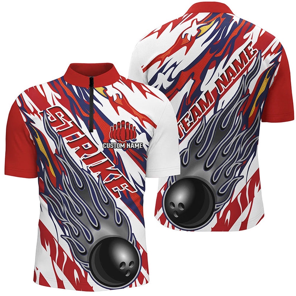 Flame American Flag Unisex Bowling Team Shirts, Patriotic Strike Bowling Outfits, Custom Bowling Team Jersey Shirt