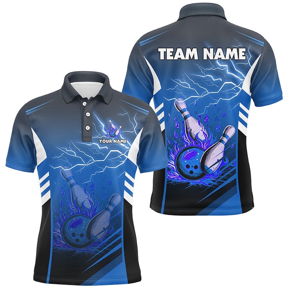 Flame Bowling Ball And Pins Lightning Custom Men Bowling Polo Shirts, Team Bowling Polo Shirt Blue, Personalized Bowling Team Shirt