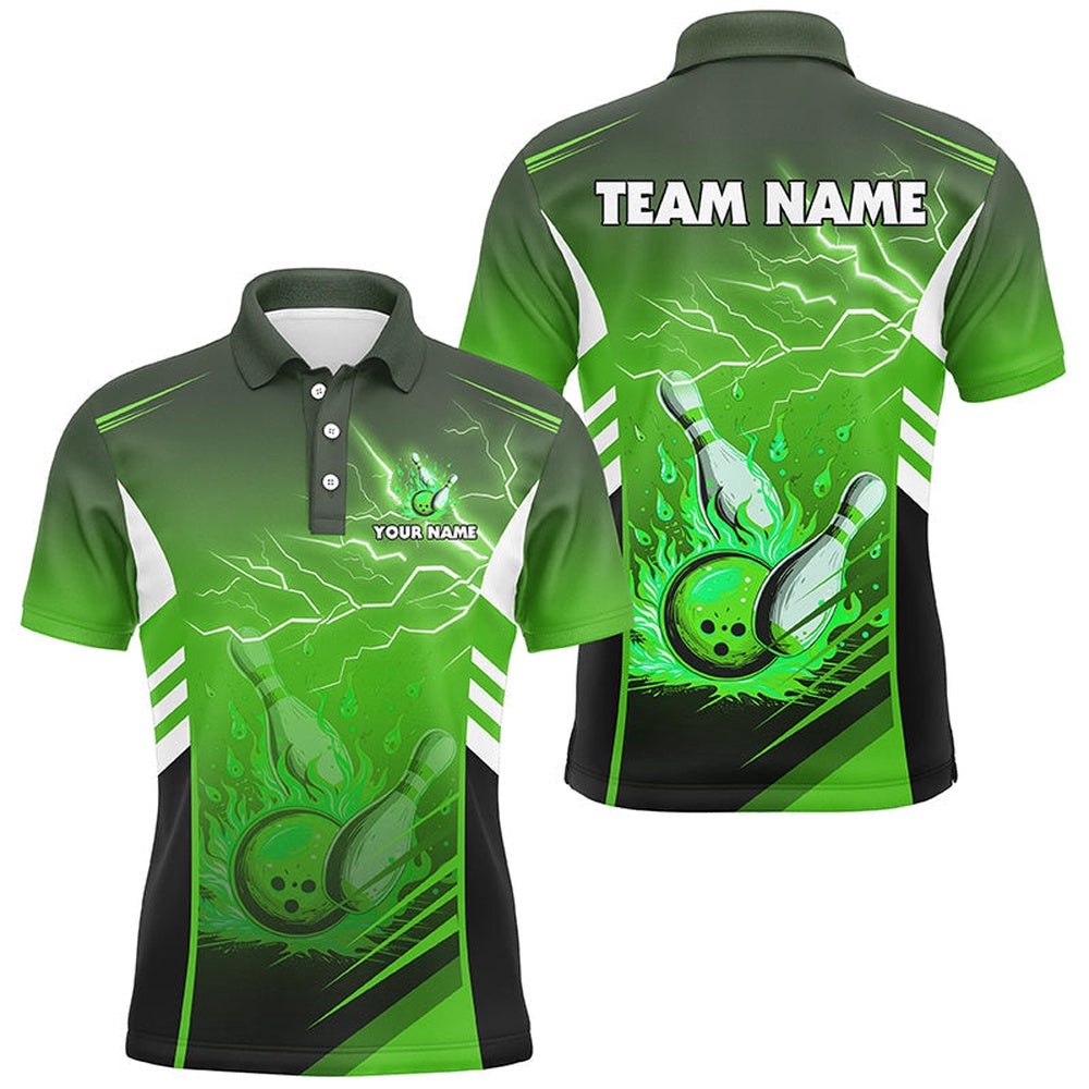 Flame Bowling Ball And Pins Lightning Custom Men Bowling Polo Shirts, Team Bowling Polo Shirt Green, Personalized Bowling Team Shirt