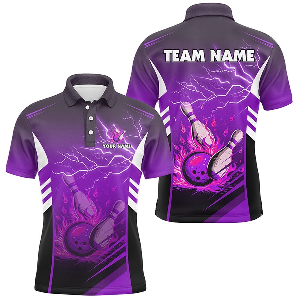 Flame Bowling Ball And Pins Lightning Custom Men Bowling Polo Shirts, Team Bowling Polo Shirt Purple, Personalized Bowling Team Shirt Flame Bowling Ball And Pins Lightning Custom Men Bowling Polo Shirts, Team Bowling Polo Shirt Purple, Personalized Bowling Team Shirt
