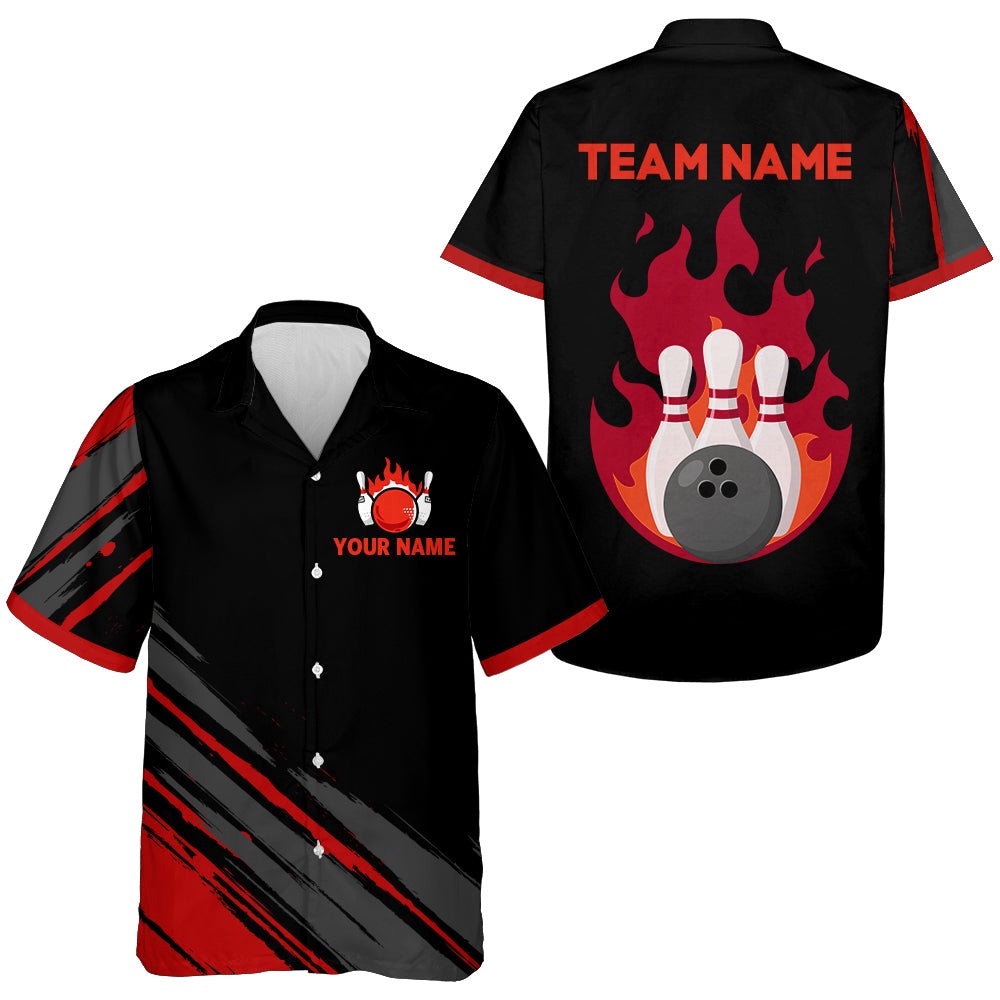 Flame Bowling Shirt For Men & Women, Custom Black&Red Bowling Jersey Hawaiian Bowling League Shirt, Custom Team Bowling Hawaiian Shirt