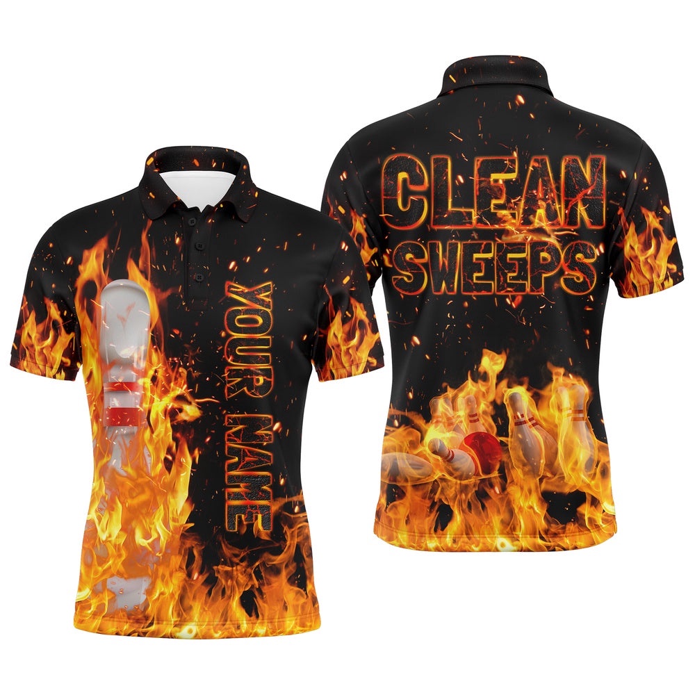 Flame Men Polo Bowling Shirt, Clean Sweeps Team Bowlers Polo Shirt, Personalized Bowling Team Shirt