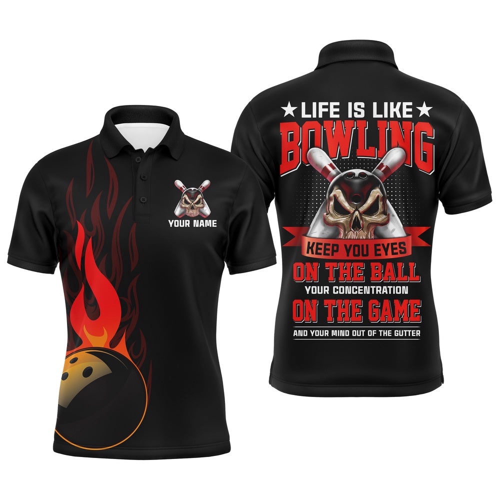 Flame Men Polo Bowling Shirt, Skull Bowlers Polo Shirt Short Sleeves, Personalized Bowling Team Shirt