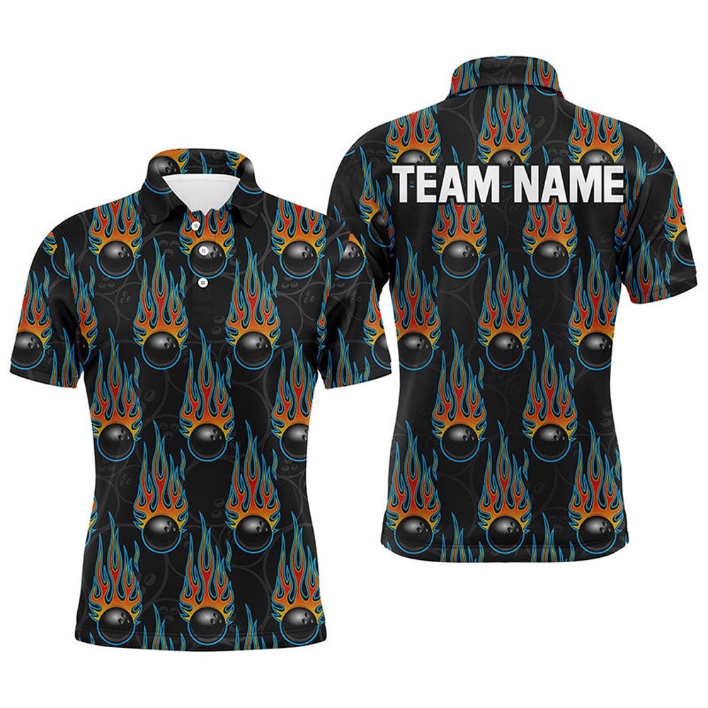 Flame Polo Bowling Shirt, Men Short Sleeves Bowlers Polo Shirt Custom Team Name, Personalized Bowling Team Shirt