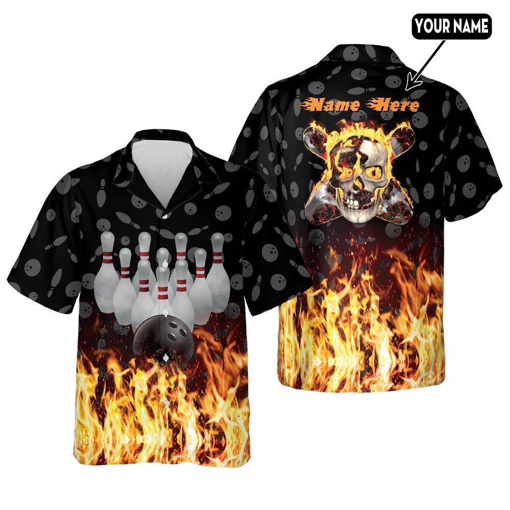 Flame Skull Button-Down Hawaiian Shirt, Custom Bowling Shirt, Custom Team Bowling Hawaiian Shirt