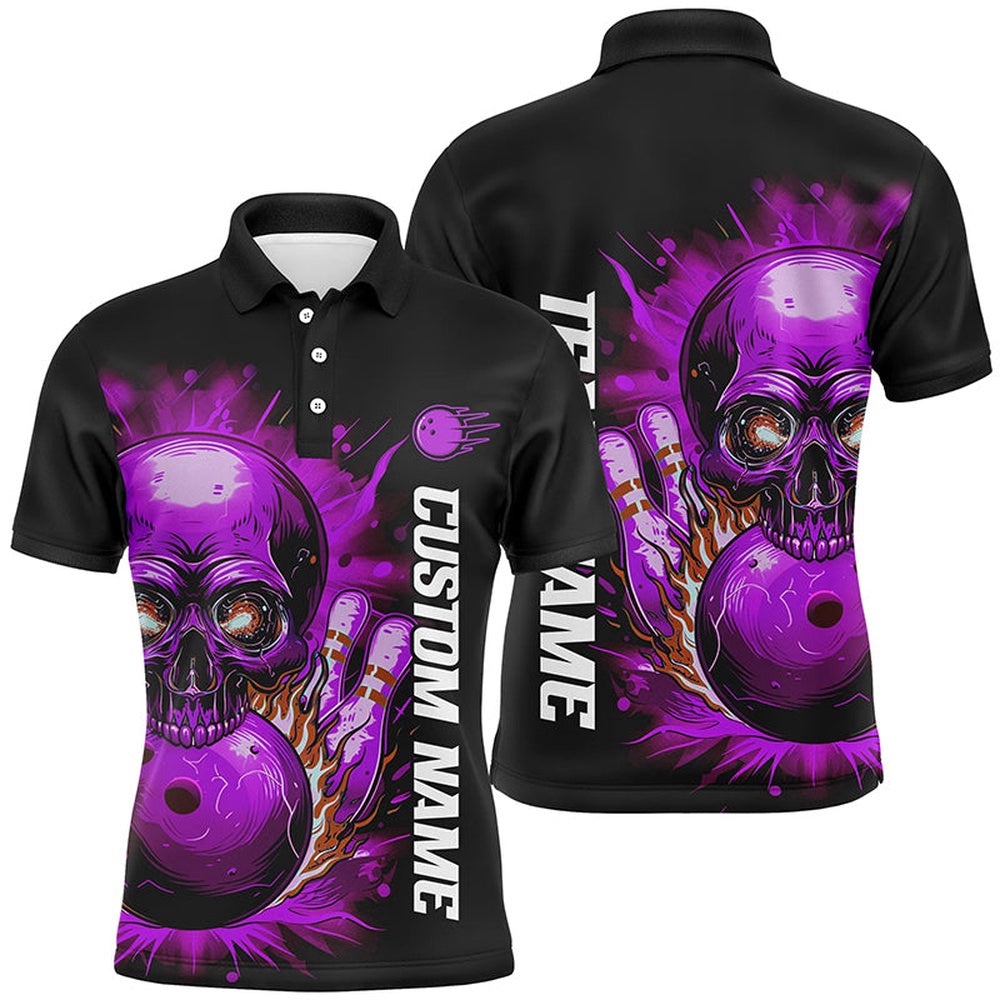 Flame Skull Men And Women Team Bowling Shirts, Multicolor Bowling Polo Shirt For Bowlers, Personalized Bowling Team Shirt