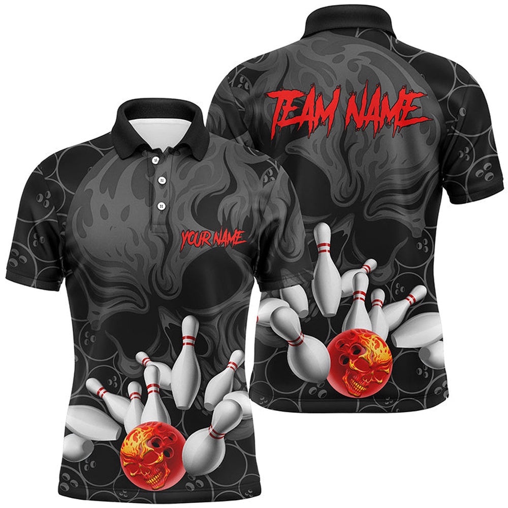 Flame Skull Men Bowling Polo Shirts Skull Bowling Team Polo Shirt Halloween Outfits, Personalized Bowling Team Shirt