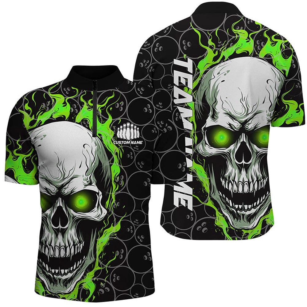 Flaming Skull Team Bowling Shirts For Men, Halloween Bowling Jersey Green, Custom Bowling Team Jersey Shirt