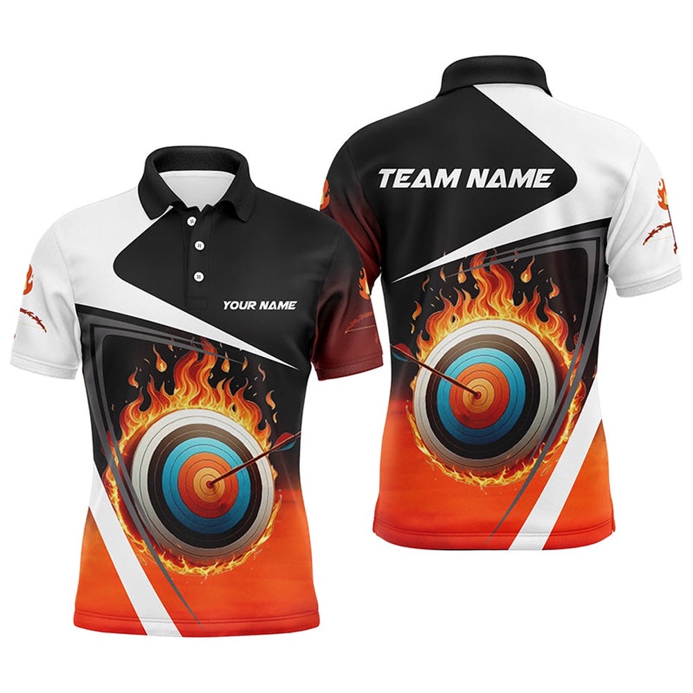 Flaming Target Archery Polo Shirts For Men, Fire Bow And Arrow Archery Team Shirts, Custom Archery Team Polo Shirt