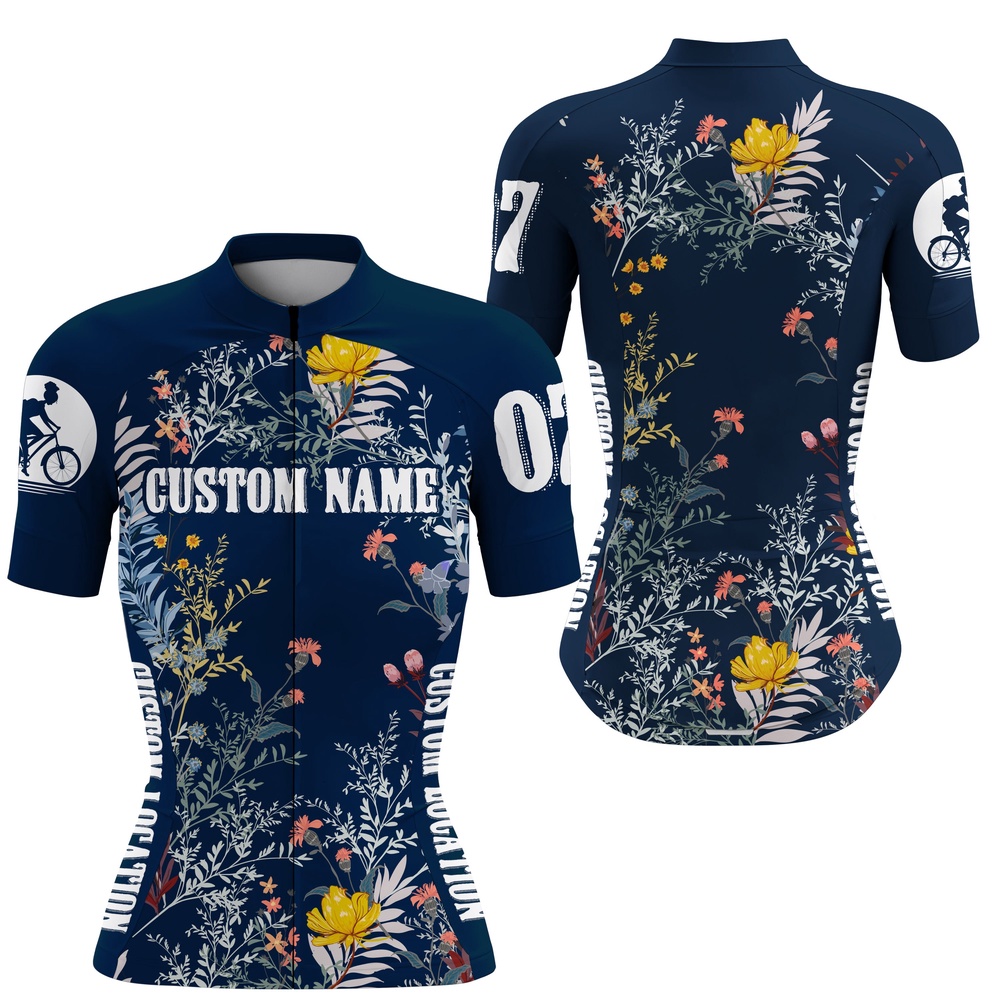 Floral Women Cycling Jersey With 3 Pockets Custom Name Bicycling Gear Anti Uv Reflective Shirt, Custom Mono Cycling Jersey Floral Women Cycling Jersey With 3 Pockets Custom Name Bicycling Gear Anti Uv Reflective Shirt, Custom Mono Cycling Jersey