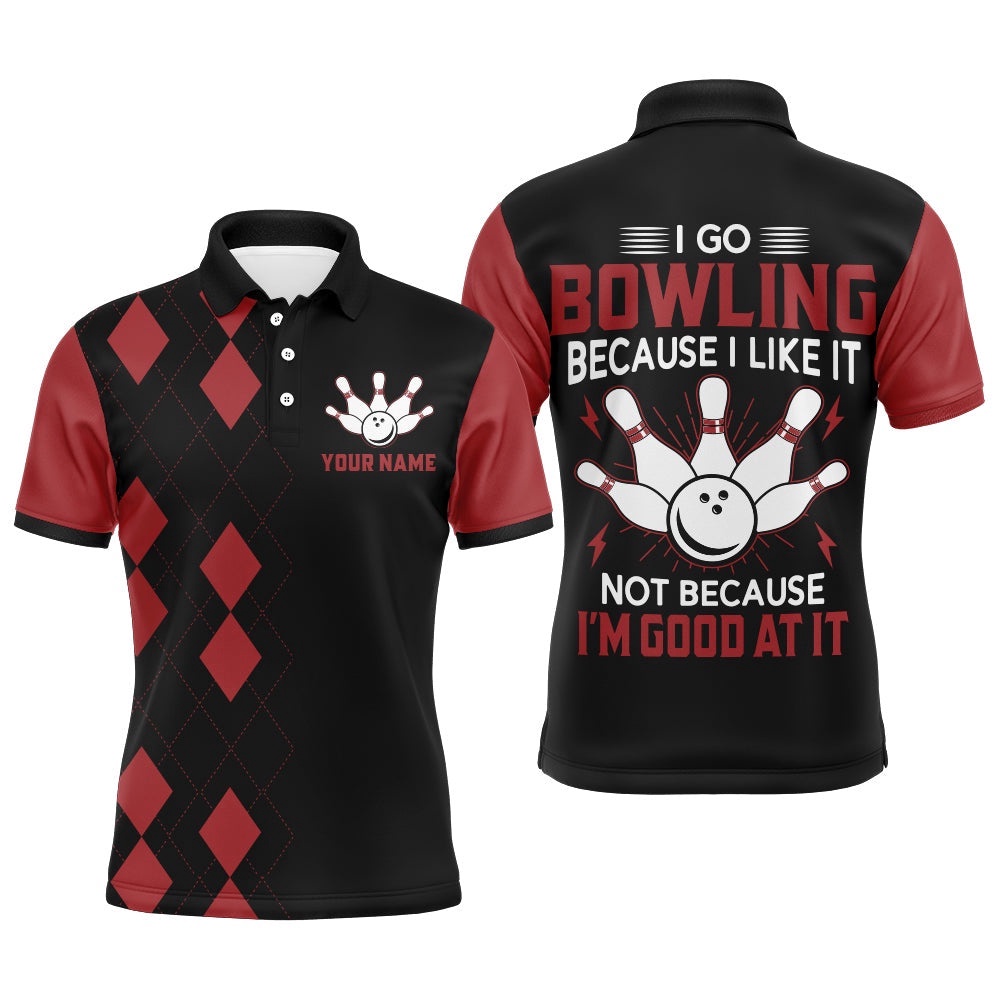 Funny Bowling Shirt For Men Name Black & Red Argyle Bowler Polo Polo Shirt, Personalized Bowling Team Shirt