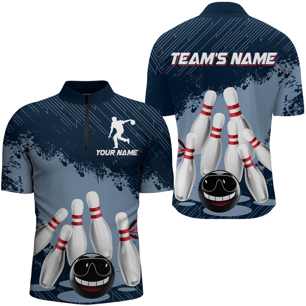 Funny Bowling Shirt For Men Navy Bowling Team League Jersey Bowling Zip Shirt, Custom Bowling Team Jersey Shirt