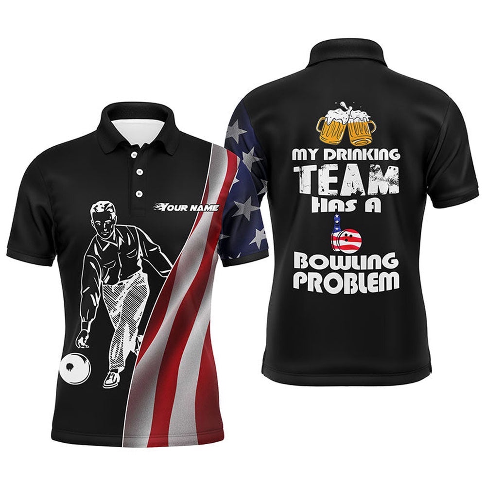 Funny Men Polo Bowling Shirt, Team Bowlers Polo Shirt American Flag Beer Lovers, Personalized Bowling Team Shirt