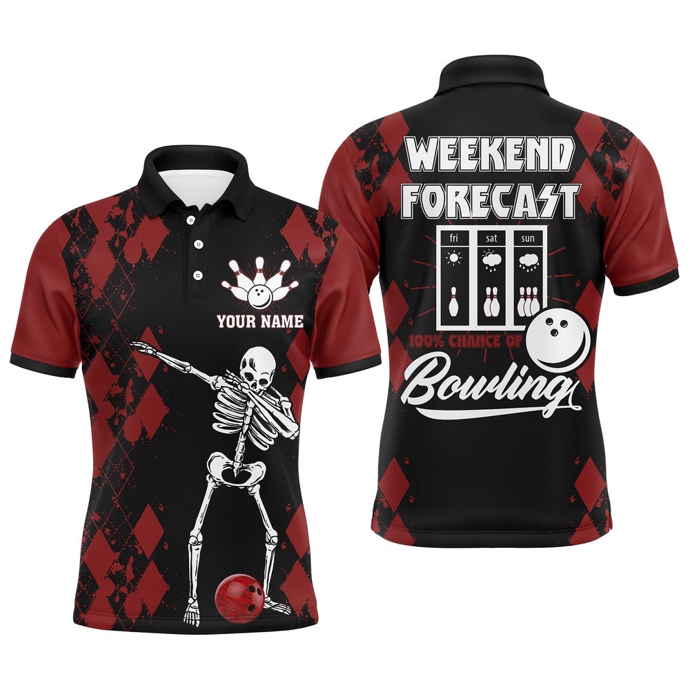 Funny Men Polo Bowling Shirt, Weekend Forecast Skull Bowlers Polo Shirt, Personalized Bowling Team Shirt