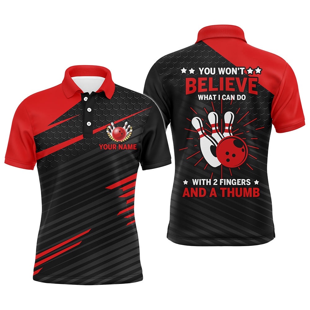 Funny Polo Bowling Shirt For Men, Red & Black Custom Bowling Polo Shirt, Fingers And A Thumb, Personalized Bowling Team Shirt Funny Polo Bowling Shirt For Men, Red & Black Custom Bowling Polo Shirt, Fingers And A Thumb, Personalized Bowling Team Shirt