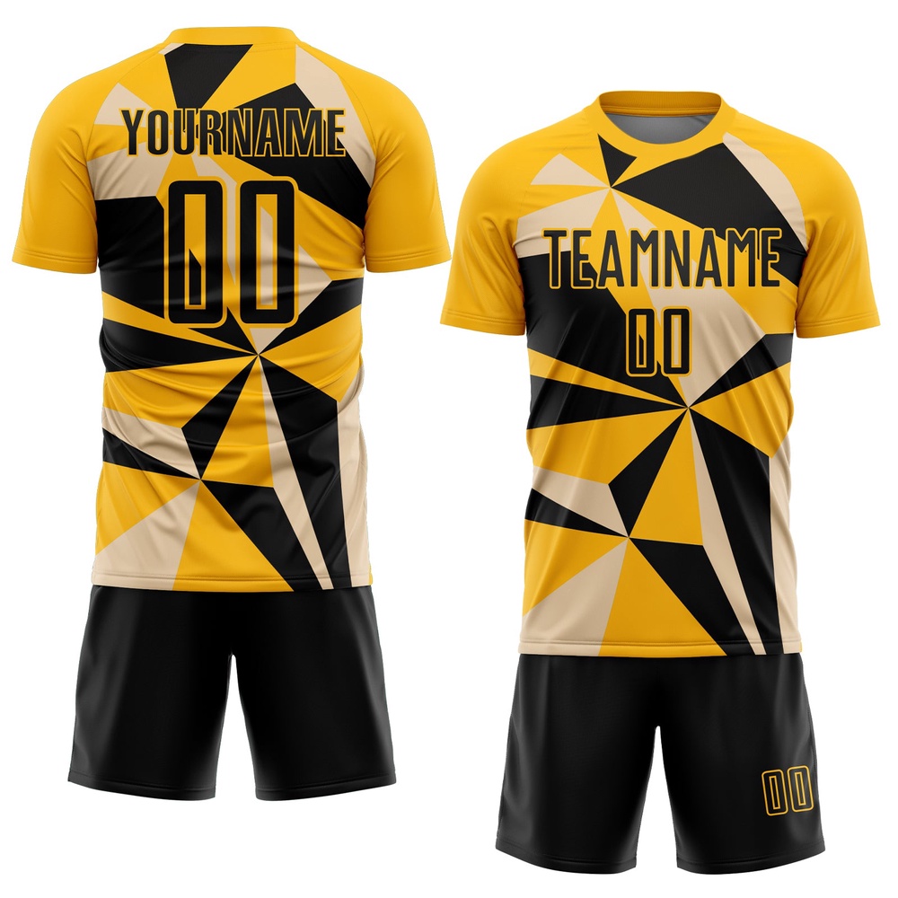 Gold Black Geometric Pattern Sublimation Soccer Uniform Jersey, Custom Team Soccer Jersey Shirt