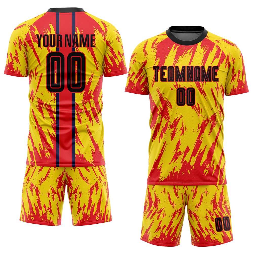 Gold Black Red Sublimation Soccer Uniform Jersey, Custom Team Soccer Jersey Shirt Gold Black Red Sublimation Soccer Uniform Jersey, Custom Team Soccer Jersey Shirt