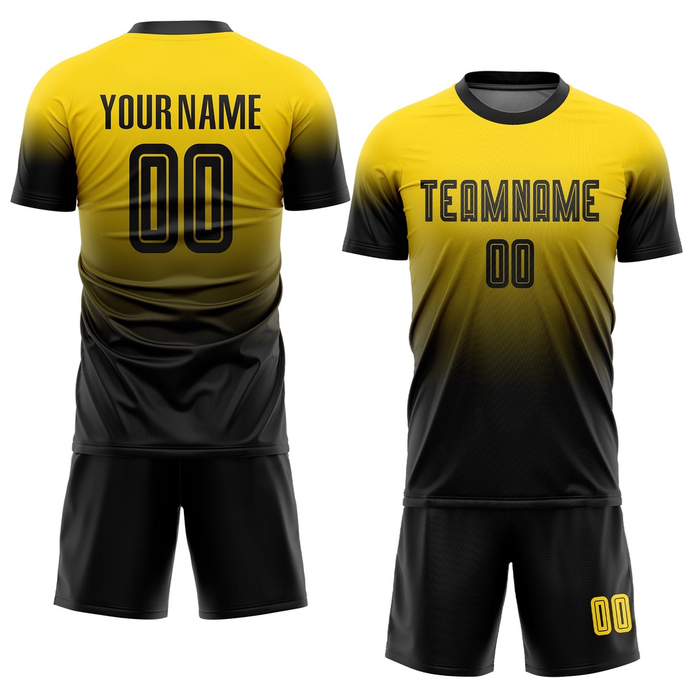 Gold Black Sublimation Fade Fashion Soccer Uniform Jersey, Custom Team Soccer Jersey Shirt Gold Black Sublimation Fade Fashion Soccer Uniform Jersey, Custom Team Soccer Jersey Shirt