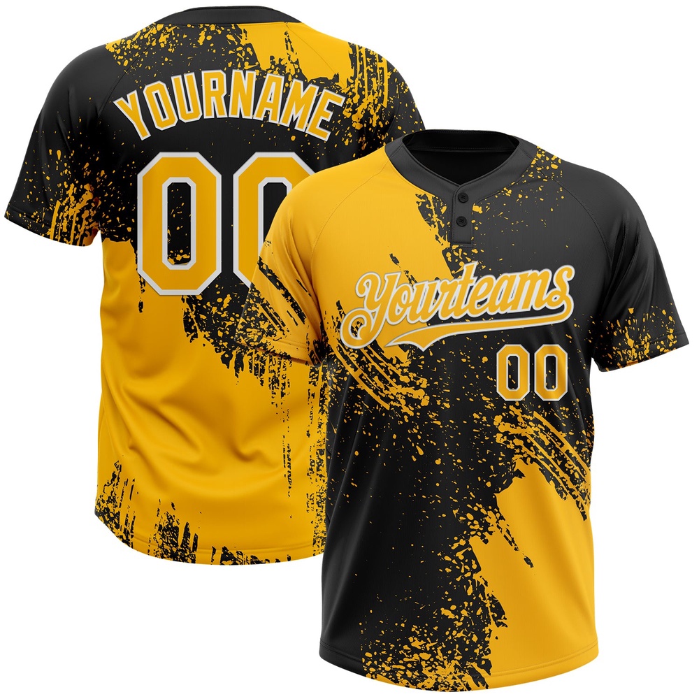 Gold Black White 3D Pattern Abstract Brush Stroke Two Button Unisex Softball Jersey, Custom Team Softball Jersey