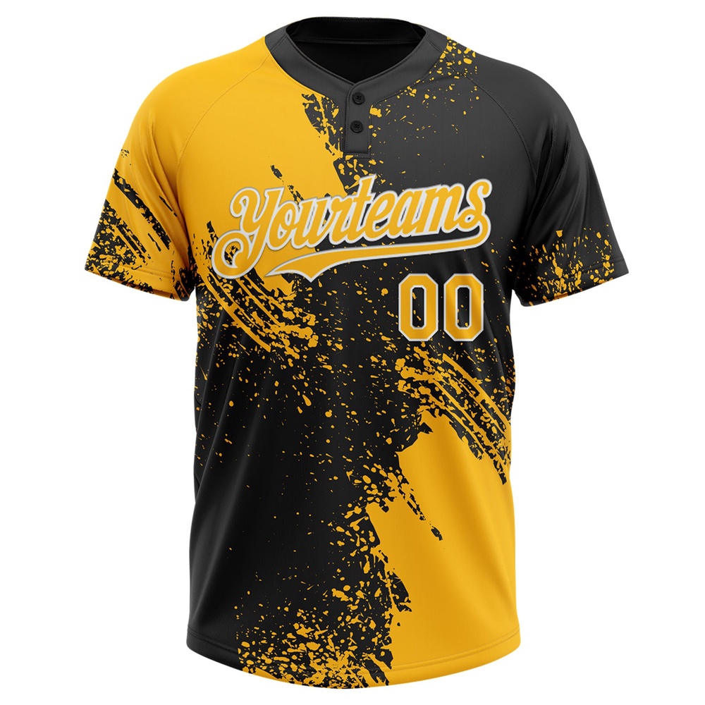 Gold Black White 3D Pattern Abstract Brush Stroke Two Button Unisex Softball Jersey, Custom Team Softball Jersey