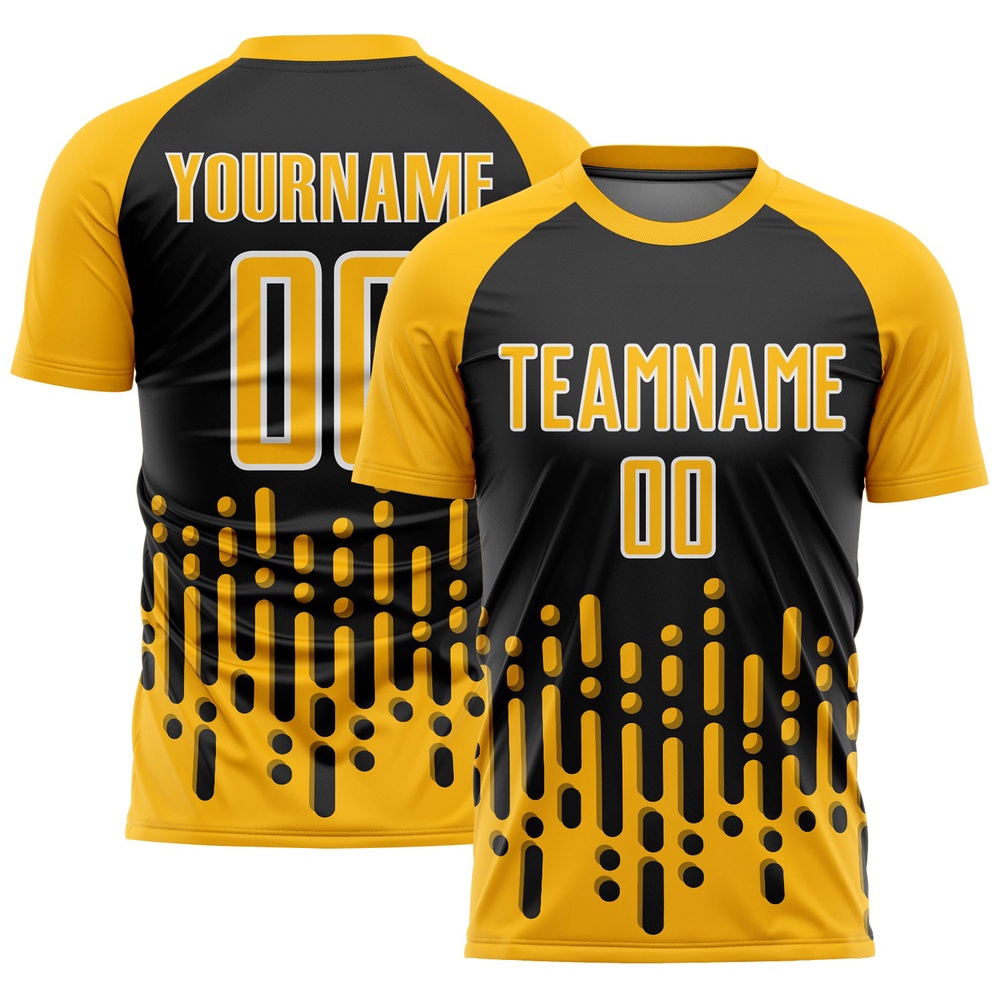 Gold Black White Abstract Fluid Wave Sublimation Soccer Uniform Jersey, Custom Team Soccer Jersey Shirt
