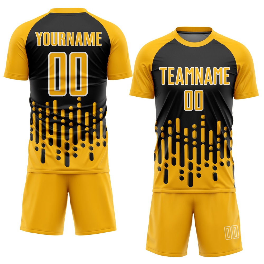 Gold Black White Abstract Fluid Wave Sublimation Soccer Uniform Jersey, Custom Team Soccer Jersey Shirt