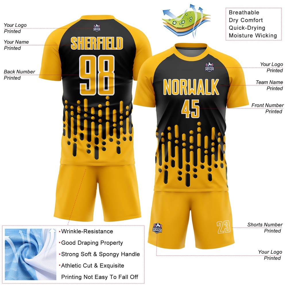 Gold Black White Abstract Fluid Wave Sublimation Soccer Uniform Jersey, Custom Team Soccer Jersey Shirt